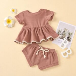 Kids Girls Simple Solid Color Round Neck Short Sleeve Ruffled Lace Spliced T-Shirt And Elastic Shorts Set