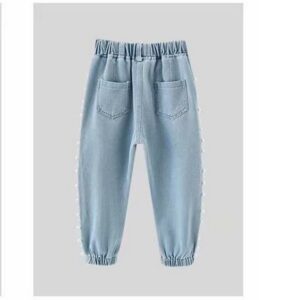 Kids Girls Sweet Simple Pearl Decor Elastic Denim Pants