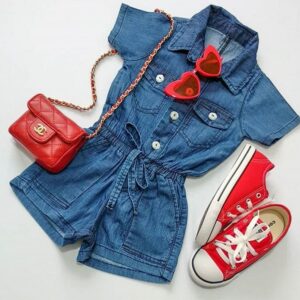 Girls Basic Solid Color Lapel Short Sleeve Denim Romper