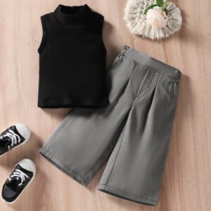 Kids Girls Basic Round Neck Sleeveless Knit Vest And Wide Leg Pants Set