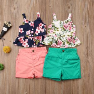 Girls Pastoral Flower Pattern Ruffled Sleeveless Top And Shorts Set