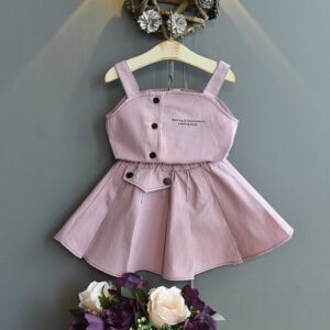 Girls Basic Solid Color Button Design Camisole And Pleated Skirt Set