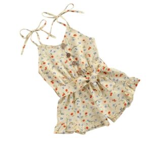Kids Girls Pastoral Sleeveless Floral All Over Print V-neck Ruffled Sling Romper