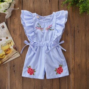 Girls Basic Round Neck Ruffled Flower Pattern Striped Romper