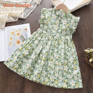 Kids Girls Pastoral Floral All Over Print Stringy Selvedge Design Dress