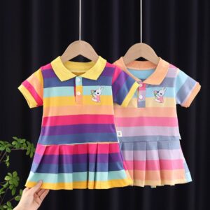 Girls Cute Lapel Striped Short-sleeved Pleated Dress