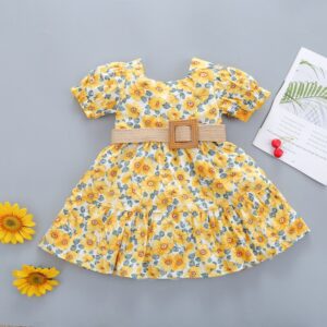 Girls Sweet Flower All Over Print Square Neck Short Sleeve Dress With Belt
