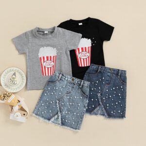 Girls Basic Popcorn Printed Round Neck Short Sleeve T-Shirt And Slit Beaded Denim Skirt Two-piece Set
