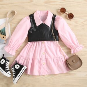 Girls Casual Solid Color Lapel Long Sleeve Single-breasted Shirt Dress With PU Vest