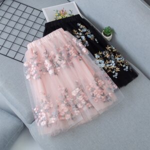Girls Sweet Mesh Floral Embroidered Fluffy Skirt