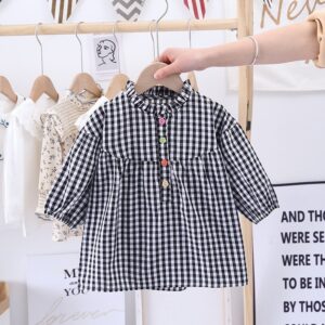 Girls Casual Color Button Design Long Sleeve Plaid Dress