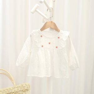 Girls Basic Flower Embroidery Ruffled Round Neck Long Sleeve Blouse