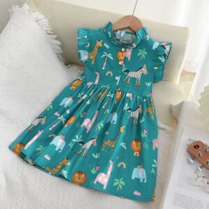 Girls Cute Cartoon Animal Deer Zebra Elephant Rainbow Coconut Tree Sleeveless Dress