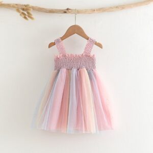 Girls Cute Rainbow Crumpled Mesh Princess Dress