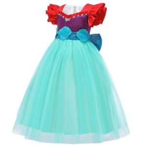 Girls Cute Mermaid Short Sleeve Big Bow Sequin Mesh Dress