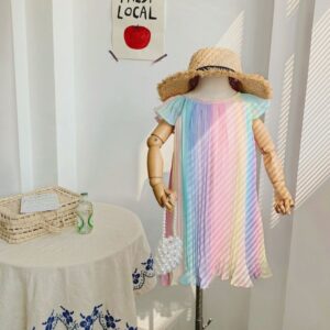 Girls Basic Colorful Pleated Short Sleeve Dress