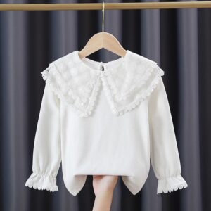Girls Sweet Lace Lapel Solid Color Long Sleeve T-Shirt