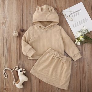 Girls Summer Casual Long-sleeved Solid Color Ears Decorated Hooded Top And Bow Design Skirt