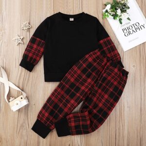 Girls Casual Round Neck Long Sleeve Plaid Spliced Sweatshirt And Jogger Pants
