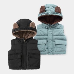Kids Casual Cute Bear Ear Decor Zipper Design Pocket Sleeveless Quilted Jacket