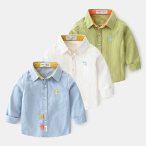 Boys Simple Dinosaur Embroidery Lapel Shirt