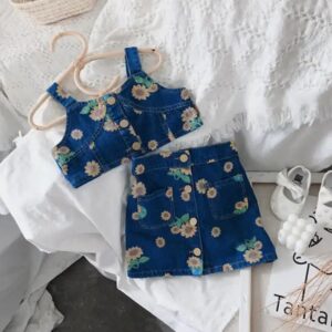 Girls Fashion Sunflower Pattern Denim Camisole And Skirt Set
