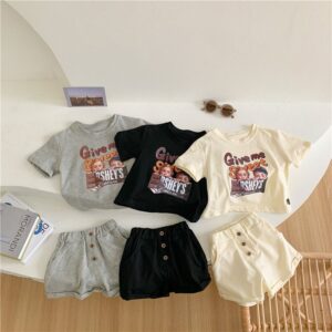 Girls Fashion Cartoon Letter Pattern T-Shirt And Shorts Set