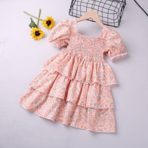 Girls Fashion Flower Pattern Short-sleeves Dress