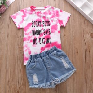 Girls Fashion Letter Pattern Tie-dye T-Shirt And Denim Shorts Set