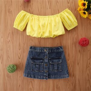 Girls Fashion Solid Color Off-the-shoulder Tops And Denim Skirt Set