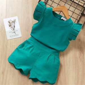 Girls Fashion Solid Color Sleeveless Ruffled Tops And Shorts Set