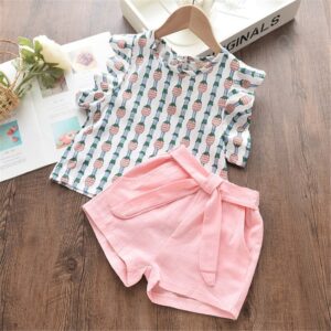 Girls Fashion Pineapple Print Sleeveless Ruffled Tops And Shorts Set