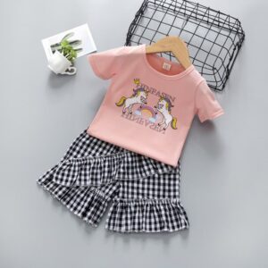 Girls Printing Short-sleeves T-Shirt and Plaid Shorts Set