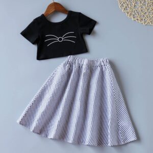 Girls Simple Short-sleeves T-Shirt And Striped Skirt Set