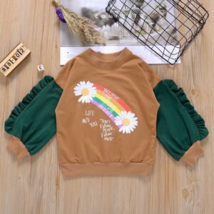 Girls Cute Round Neck Bubble Sleeves Rainbow Pattern Sweatshirt
