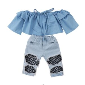 Kids Off-the-shoulder Denim Top And Hole Fishnet Design Jeans Suit