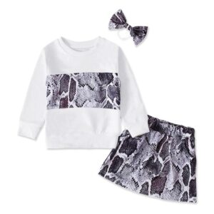 Girls Long-sleeves Snakeskin Grain Sweatshirt And Skirt With Headband