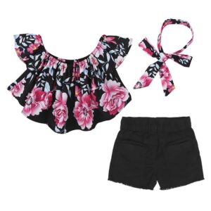 Girls Fashion Off-the-Shoulder Flower Pattern Tops And Shorts With Headband