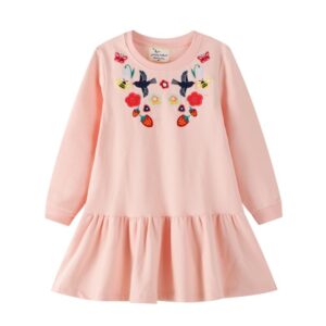 Girls Fashion Round Neck Long-sleeves Embroidery Dress