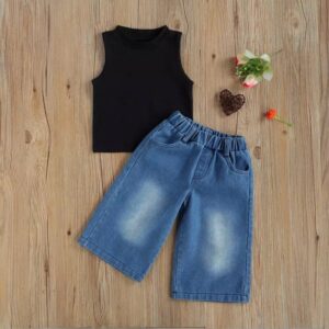 Girls Fashion Solid Color Sleeveless Tops And Jeans Set