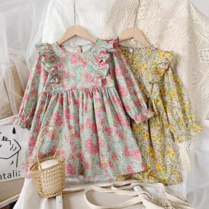 Girls Round Neck Long-sleeves Ruffled Floral Dress