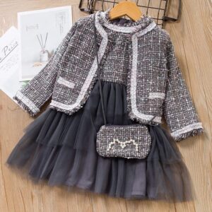 Girls Sleeveless Mesh Spliced And Long-sleeves Coat With Bag Set