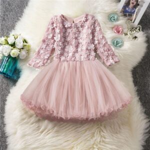 Girls Petal Design Long-Sleeves Fluffy Dress