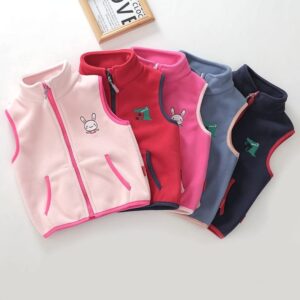Kids Fashion Cartoon Embroidery Zipper Design Polar Fleece Warm Vest