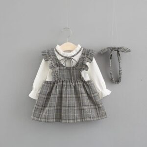 Girls Ruffled Cuff Design Plaid Spliced Dress With Headband