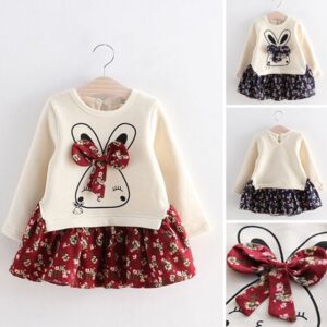 Girls Cute Rabbit Pattern Floral Printing Spliced Dress
