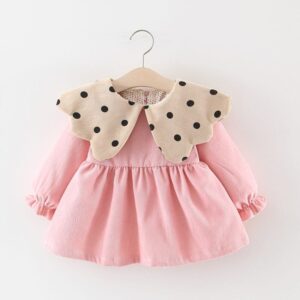 Girls Long-sleeves Lapel Design Polka Dot Dress