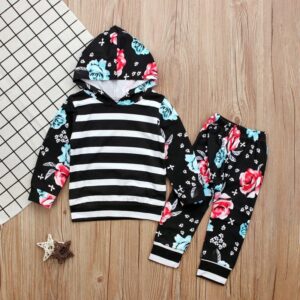 Girls Long-sleeves Striped Flower Pattern Hoodie And Pants Set