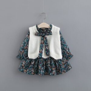 Girls Solid Color Vest And Stringy Selvedge Neckline Design Floral Dress Set