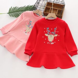 Girls Round Neck Cartoon Pattern Flounced Dress